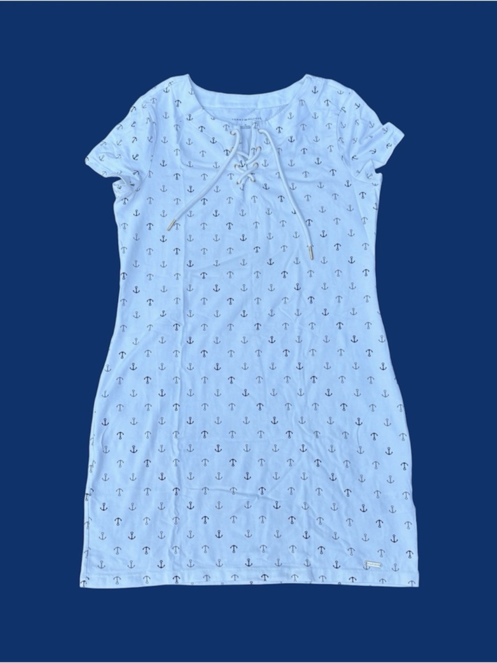 Tommy Hilfiger Nautical Anchor Shirt Dress Women’s M Navy White Lace-Up Casual